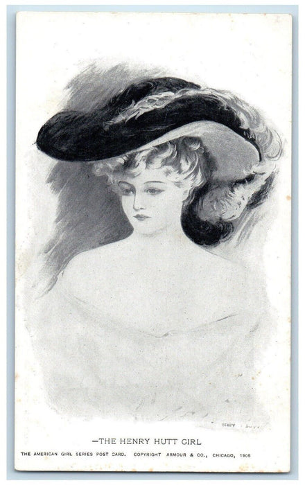 c1905 The Henry Hutt Girl Sleeveless Dress Big Hat Drawing Antique Postcard