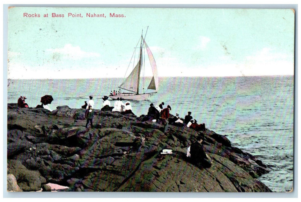 1908 Rocks At Bass Point Nahant Massachusetts MA, Sailboat View Antique Postcard