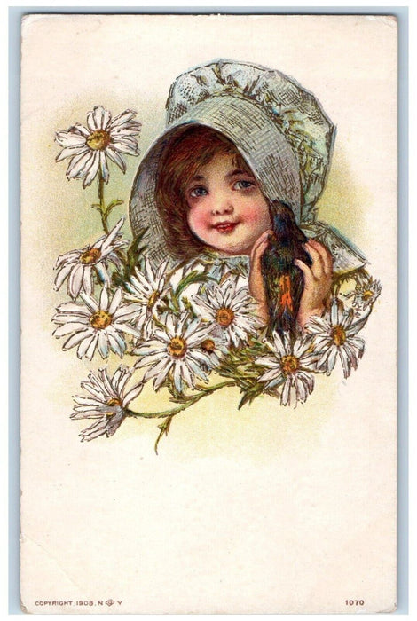 c1910's Pretty Little Girl White Flowers And Bird Embossed Antique Postcard