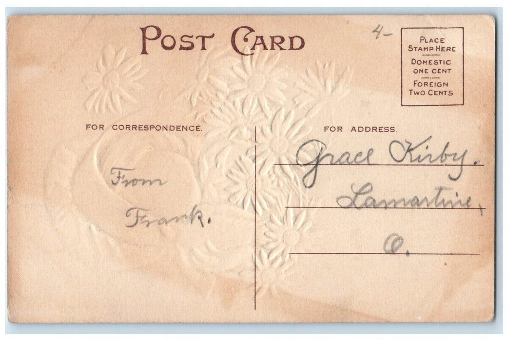 c1910's Pretty Little Girl White Flowers And Bird Embossed Antique Postcard