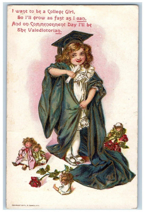 1911 Girl Graduation Doll And Flowers Branchport New York NY Antique Postcard