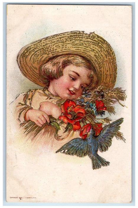 1910 Pretty Girl Farmer Hat Flowers Wheat Bird Embossed Posted Antique Postcard