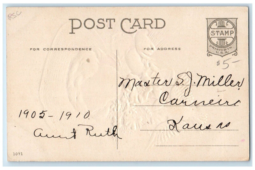 1910 Pretty Girl Farmer Hat Flowers Wheat Bird Embossed Posted Antique Postcard