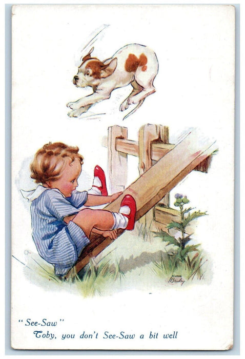 c1910's Little Girl And Dog Playing See Saw Fence Unposted Antique Postcard