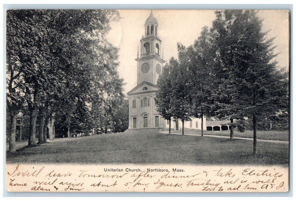 Unitarian Church Tree-lined Scene Northboro Massachusetts MA Antique Postcard