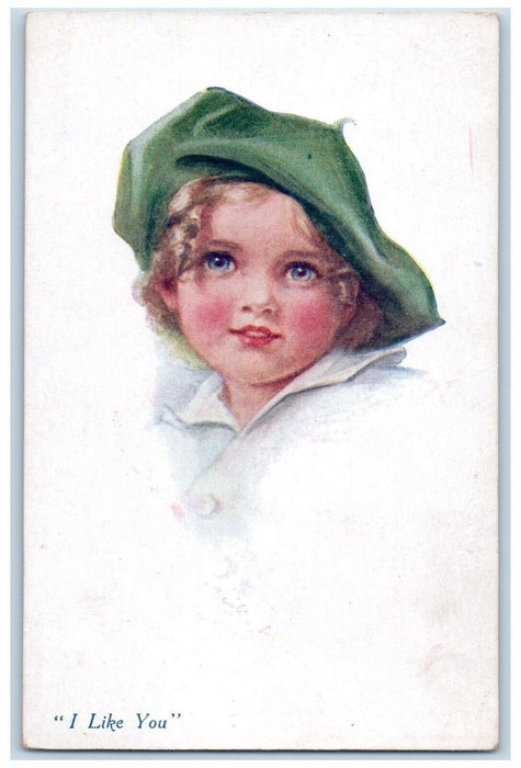 c1910's Pretty Little Girl Curly Hair I Like You Unposted Antique Postcard