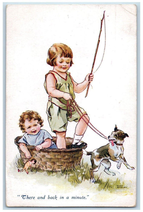 c1910's Children In Basket Doll Dog There And Back In A Minute Antique Postcard