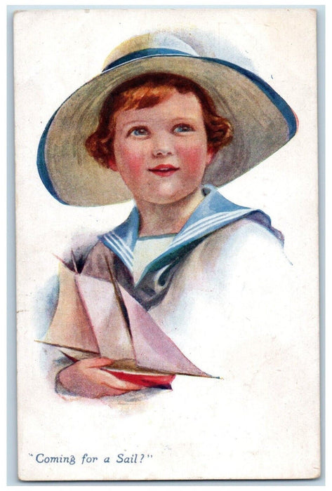 c1910's Boy Big Hat Coming For A Sail Boat Unposted Antique Postcard