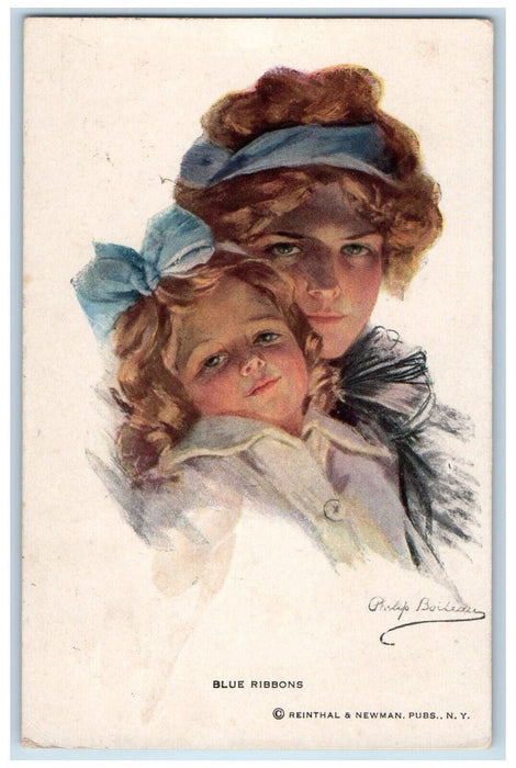 c1910's Mother And Daughter Blue Ribbons Philip Boileau Posted Antique Postcard