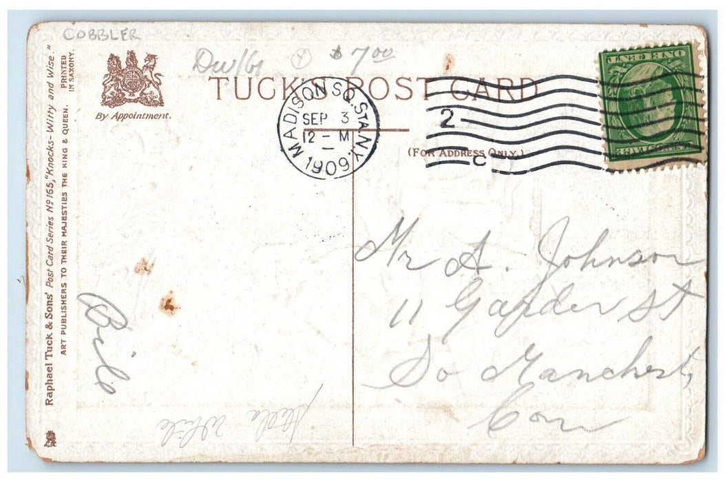 1909 Old Man Boot Repair Cobbler Embossed Tuck's Posted Antique Postcard