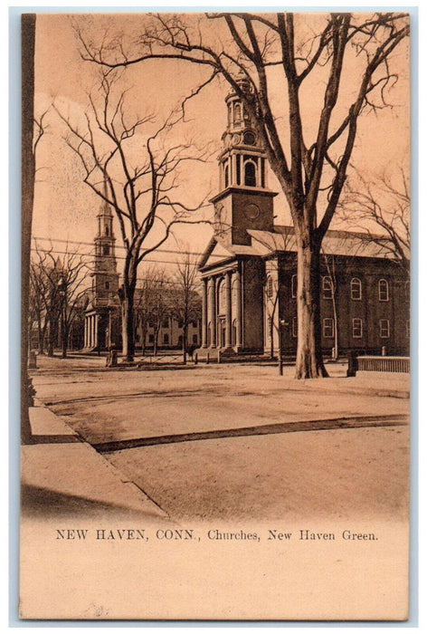 Churches New Haven Green Trees Street Scene Connecticut CT Antique Postcard