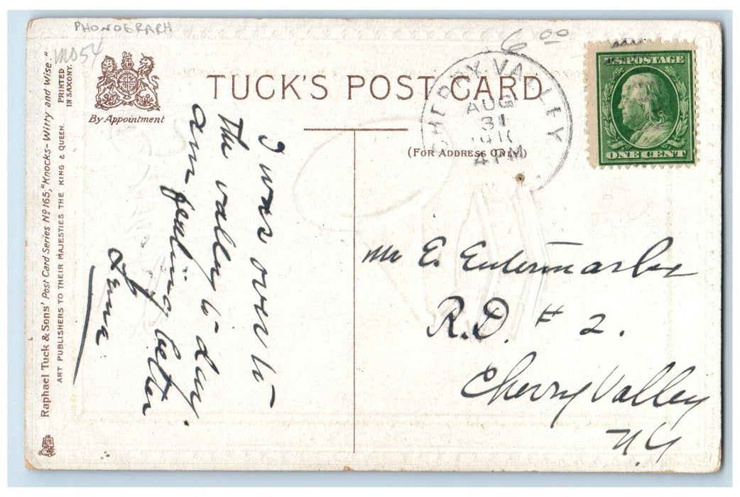 1910 Phonograph Embossed Dwig Tuck's Cherry Valley NY Posted Antique Postcard