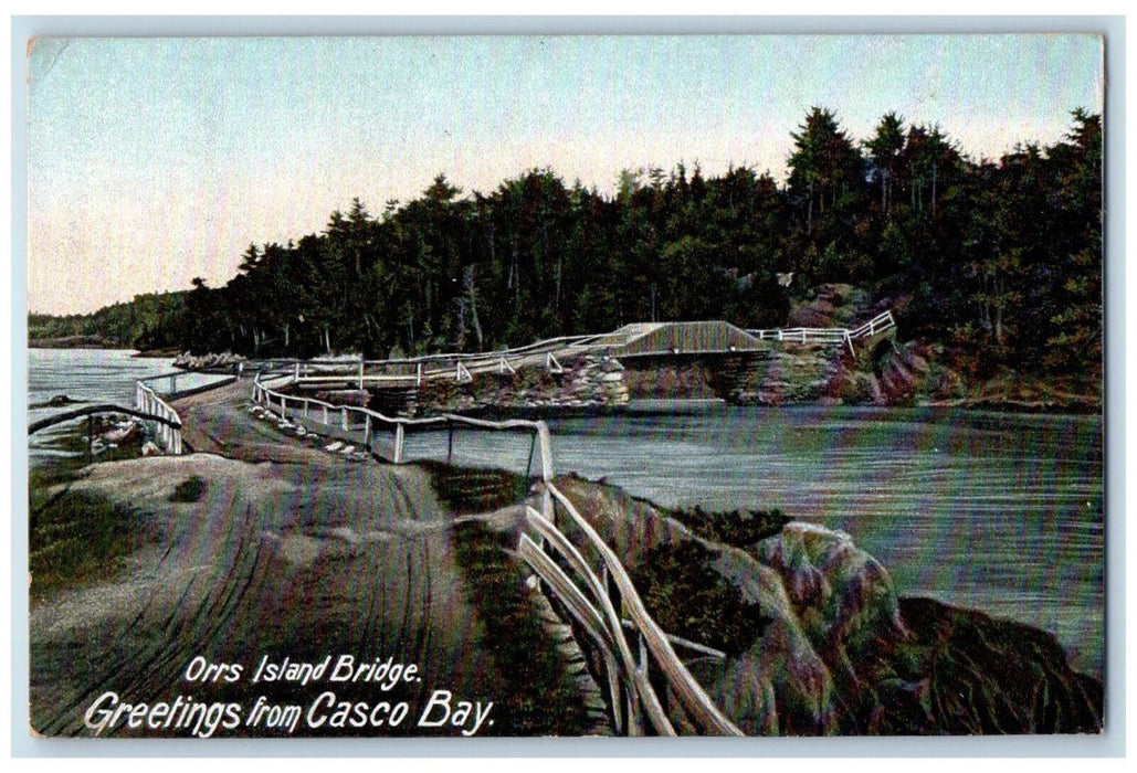 1905 Greetings From Casco Bay Maine ME, Orrs Island Bridge Antique Postcard