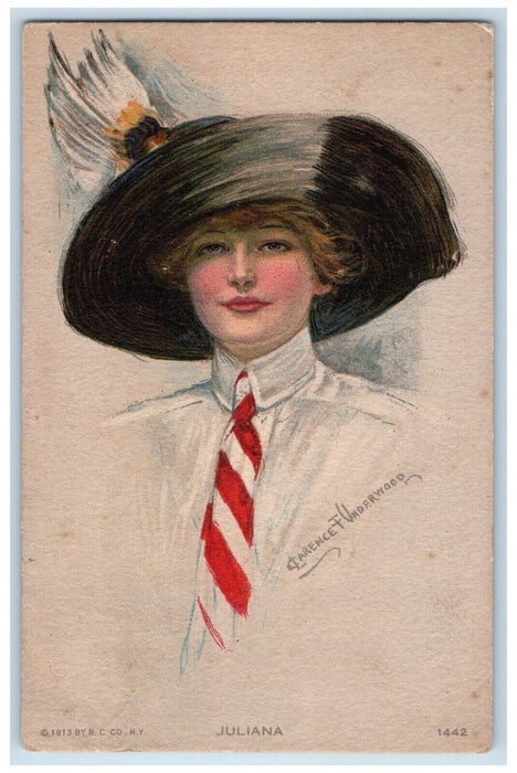 c1910's Pretty Woman Juliana Big Hat Necktie Clarence Underwood Antique Postcard