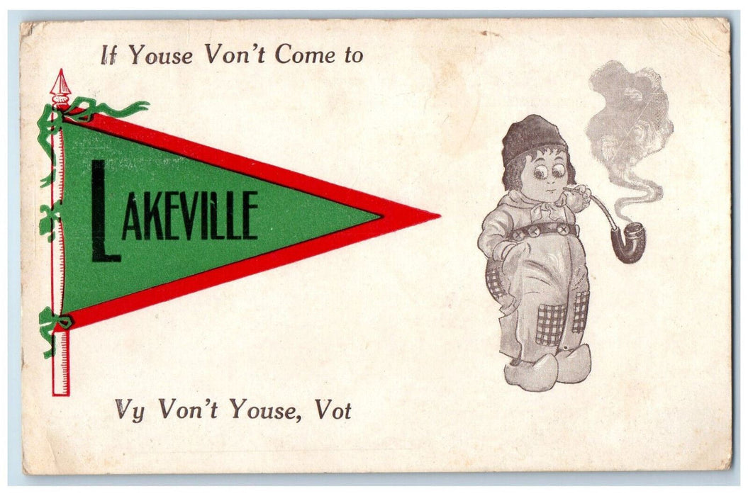 1912 Greetings From Lakeville New York NY Humor Pennant Antique Posted Postcard