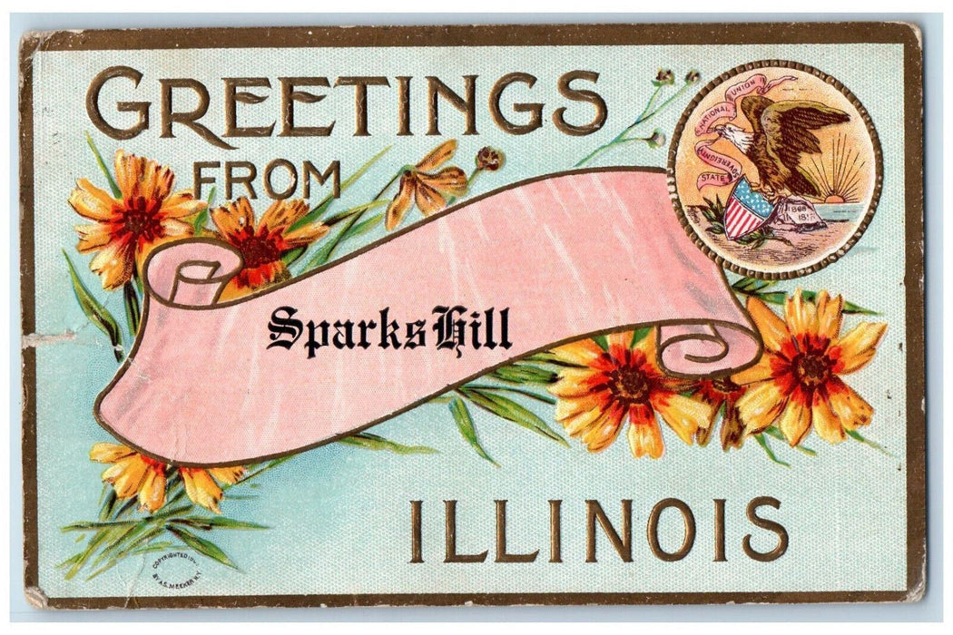 1919 Greetings From Sparks Hill Illinois Embossed Airbrushed Vintage Postcard