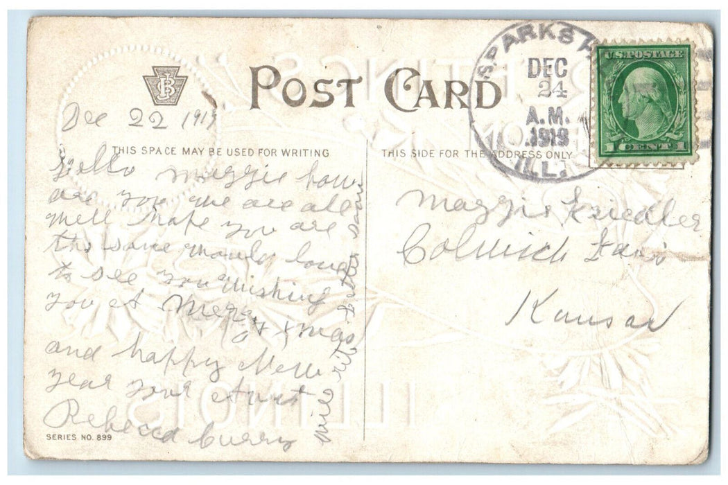 1919 Greetings From Sparks Hill Illinois Embossed Airbrushed Vintage Postcard