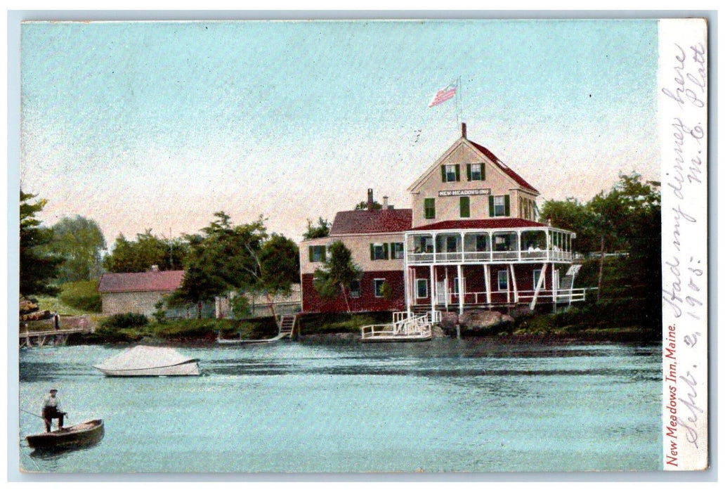 1905 New Meadows Inn Motel West Bath Maine ME, Boat River Scene Postcard