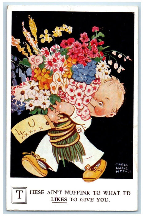 c1910's Little Boy Carrying Flowers Mabel Lucie Attwell Posted Antique Postcard