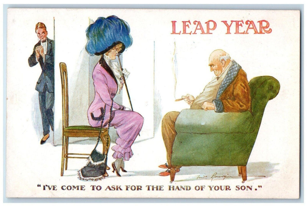 c1910's Leap Year Woman Big Hat Wedding Proposal Unposted Antique Postcard