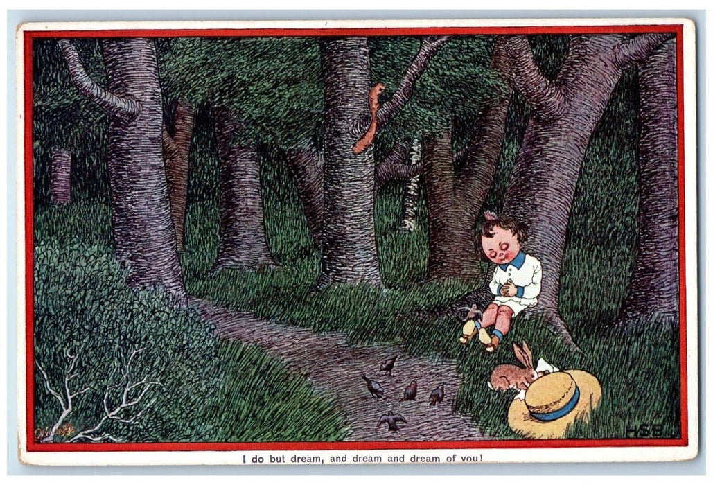 c1910's Little Boy Forest Whisper Bunny Rabbit Birds Oilette Tuck's Postcard