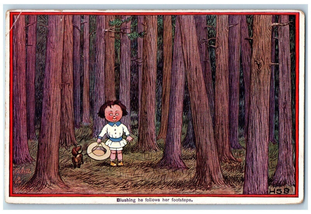 Little Boy Blushing Follows Footsteps Forest Whisper Oilette Tuck's Postcard