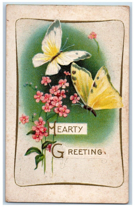c1910's Hearty Greetings Butterfly Pansies Flowers Winsch Back Embossed Postcard