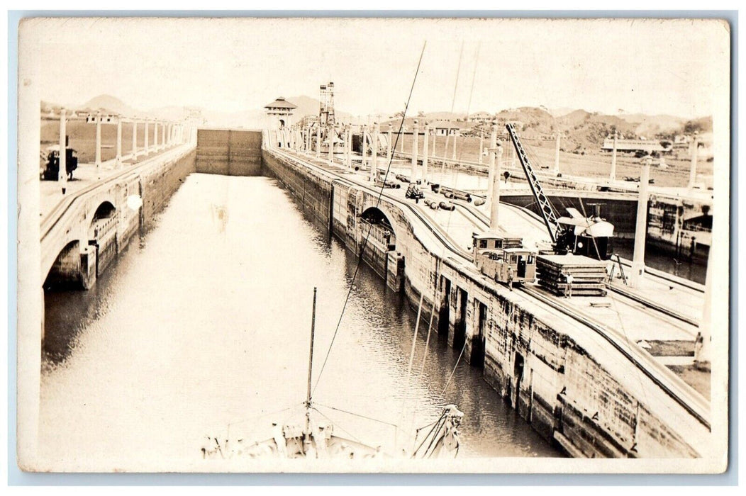 c1920's Locks Ship Workers Equiptment Panama Canal RPPC Photo Postcard
