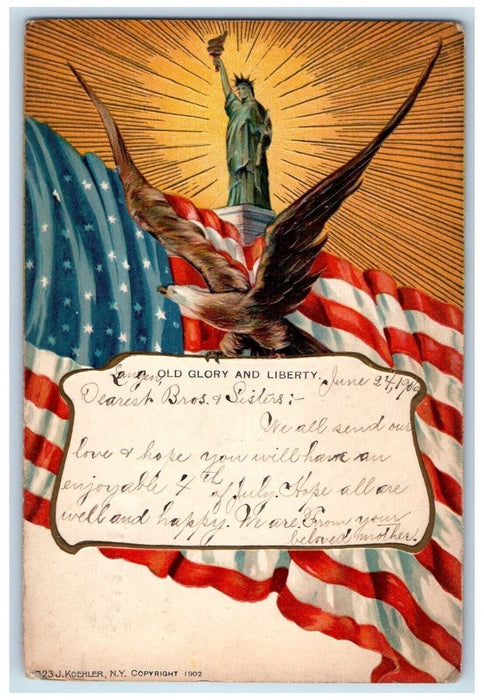 1906 Old Glory And Liberty Patriotic Flag Angel Embossed Posted Antique Postcard