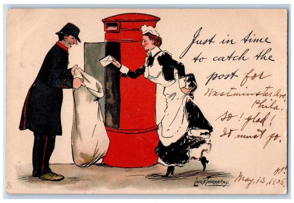 1905 Woman Catch The Post Mailman Coatesville PA Tuck's Posted Antique Postcard