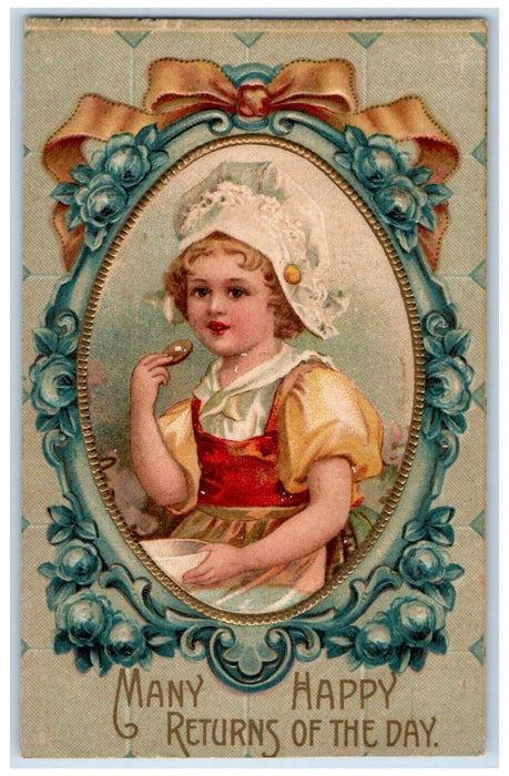 c1910's Happy Returns Day Little Girl Eating Clapsaddle Embossed Posted Postcard