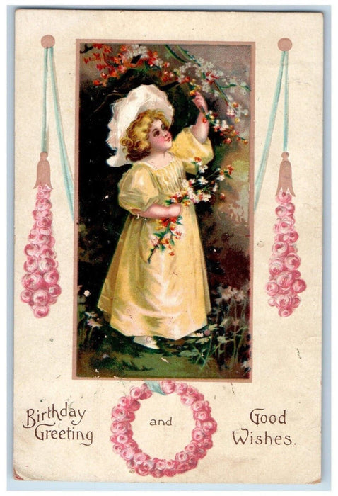 Birthday Greetings Good Wishes Girl Harvesting Flowers Clapsaddle Postcard