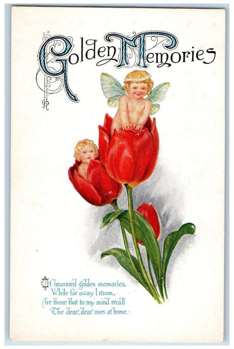 c1910's Golden Memories Angel Butterfly Wings In Tulip Flowers Embossed Postcard