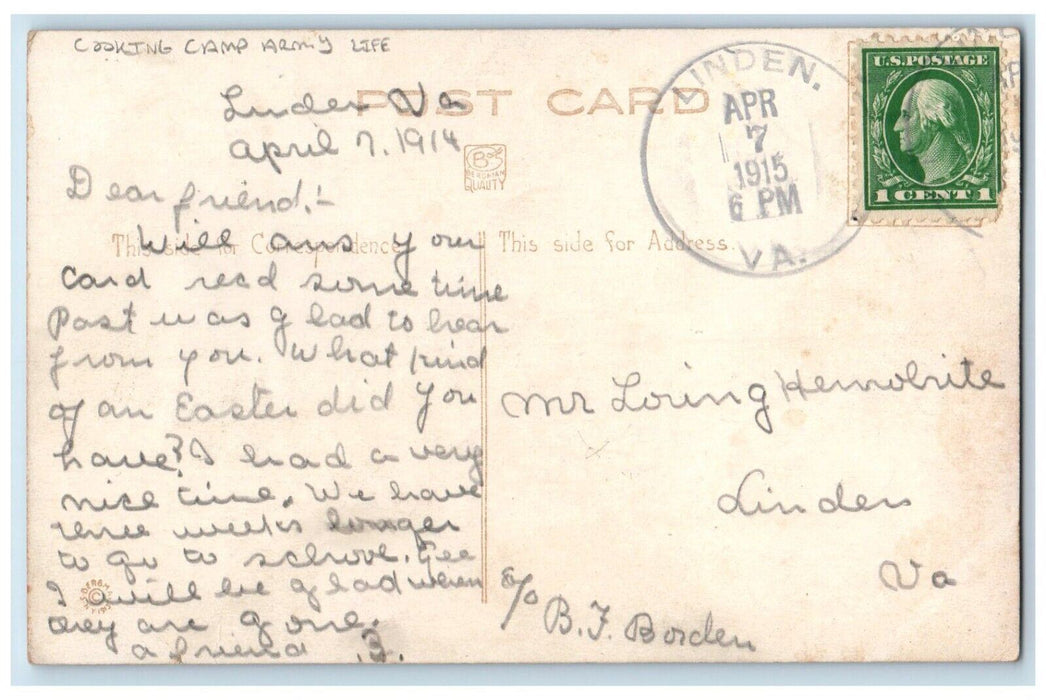1915 Cooking Camp Army Soldier Life Linden Virginia VA Posted Antique Postcard