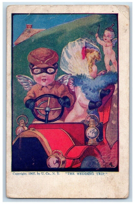 1909 The Wedding Trip Car Riding Cupid Chambersburg PA Posted Antique Postcard