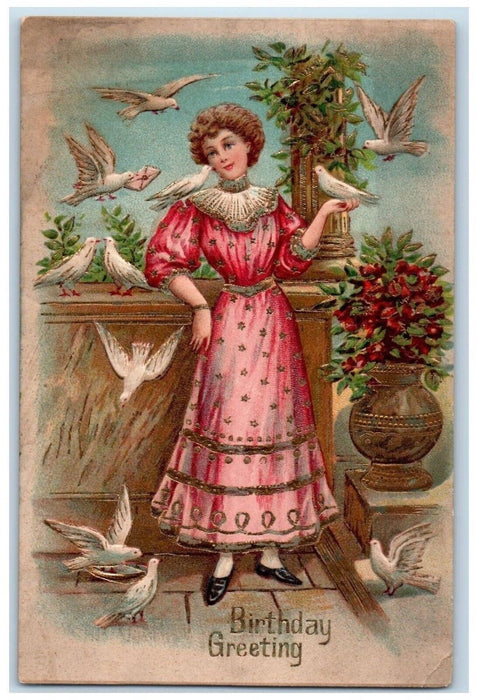 c1910's Birthday Greetings Pretty Woman Dove Letter Embossed Antique Postcard