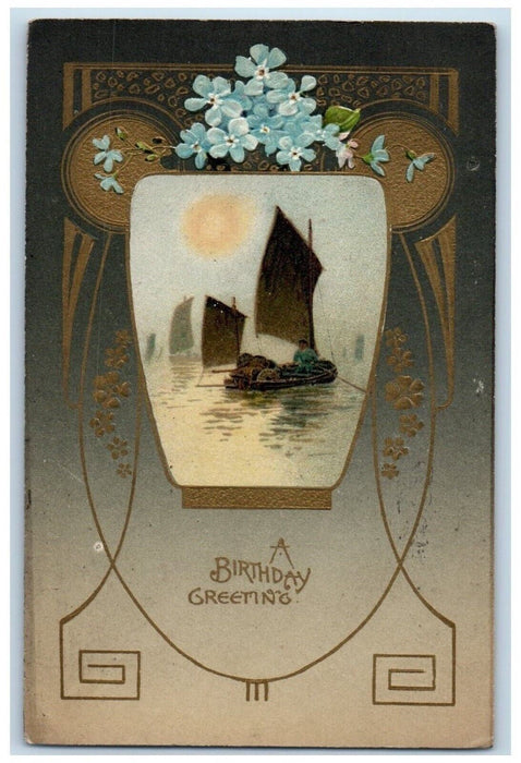 1909 Birthday Greetings Art Nouveau Boat Pansies Flowers Winsch Back Postcard