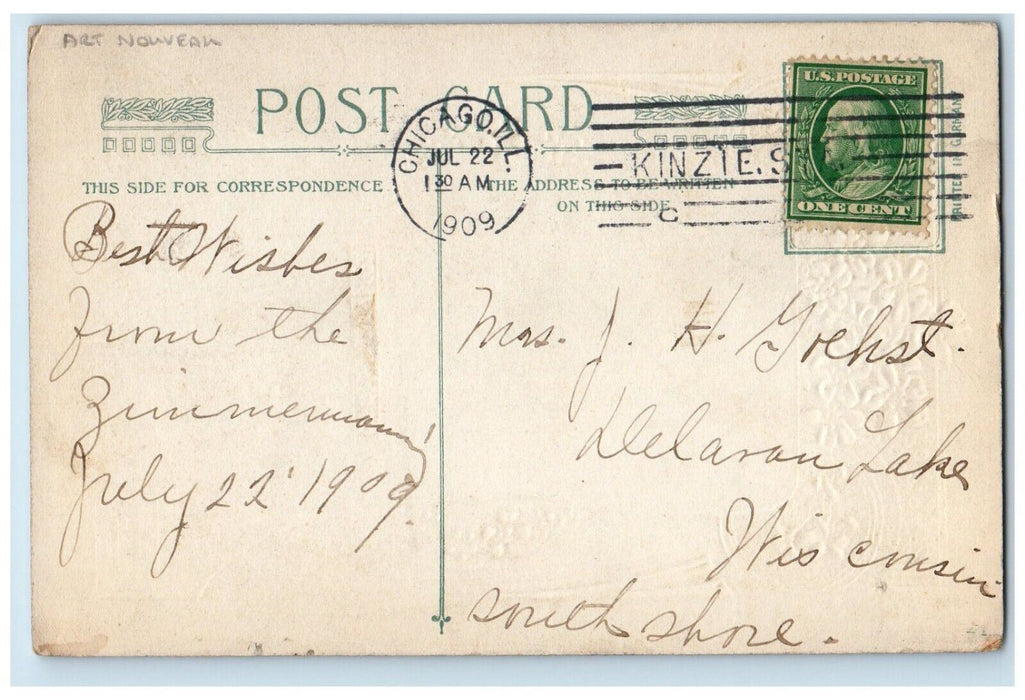 1909 Birthday Greetings Art Nouveau Boat Pansies Flowers Winsch Back Postcard