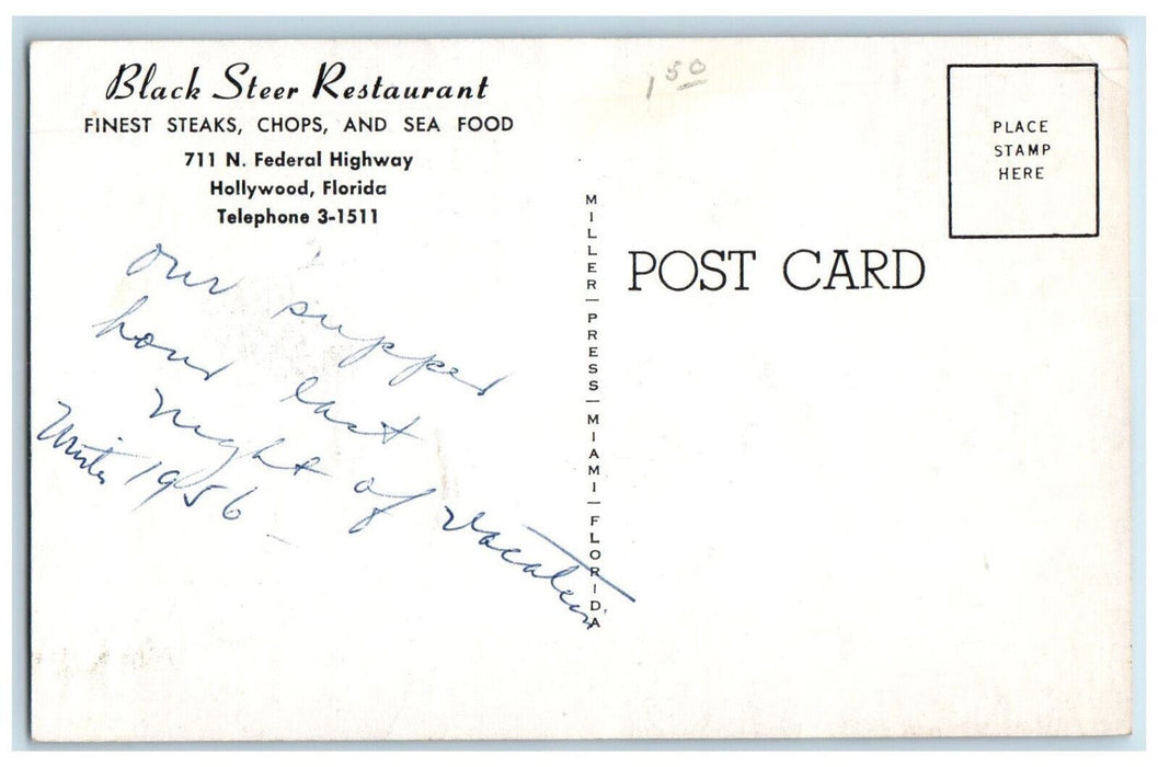 1956 Black Steer Restaurant and Lounge Hollywood Florida FL Multiview Postcard
