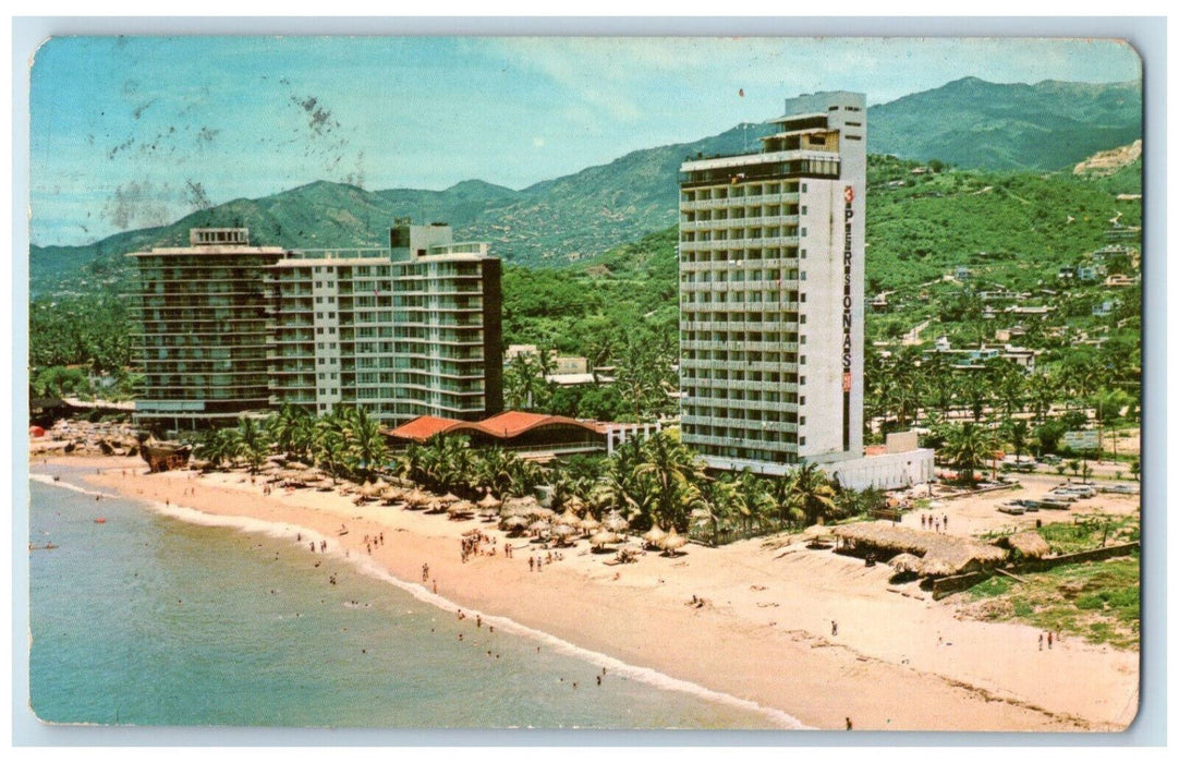 1970 Hornos Beach and Casino Hornos and Ritz Hotels Air View Mexico Postcard