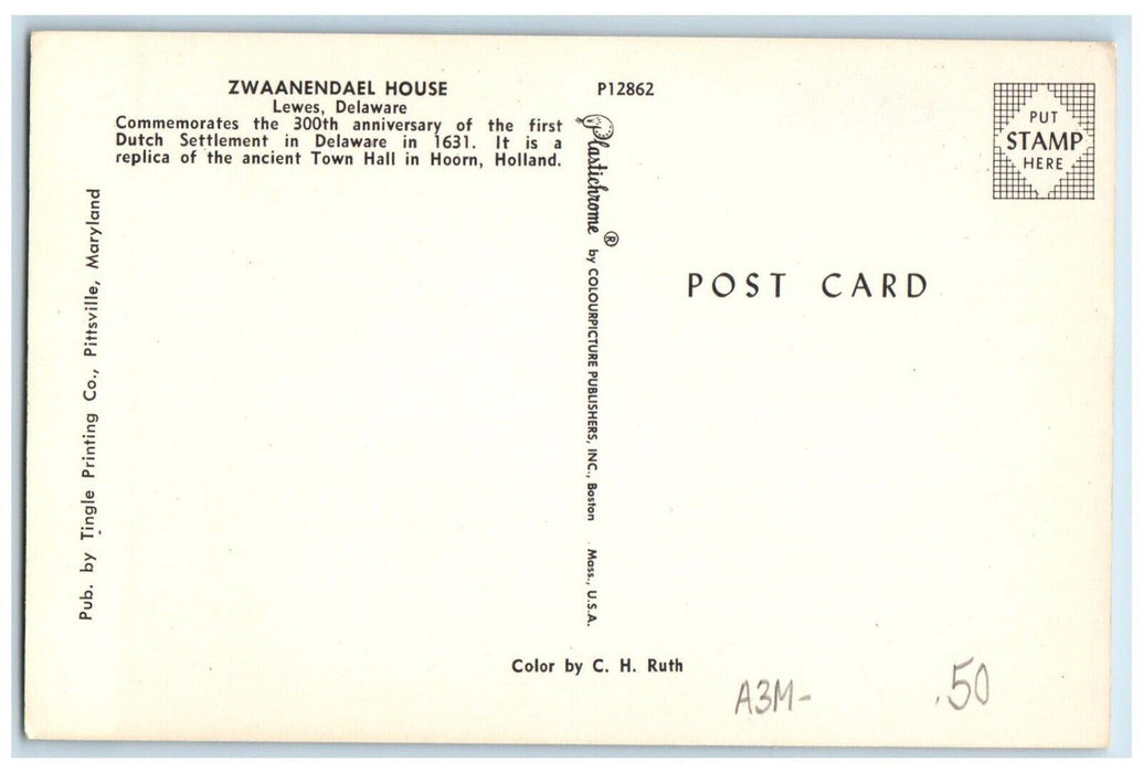 c1960 Zwaanendael House Commemorates Dutch Settlement Lewes Delaware DE Postcard