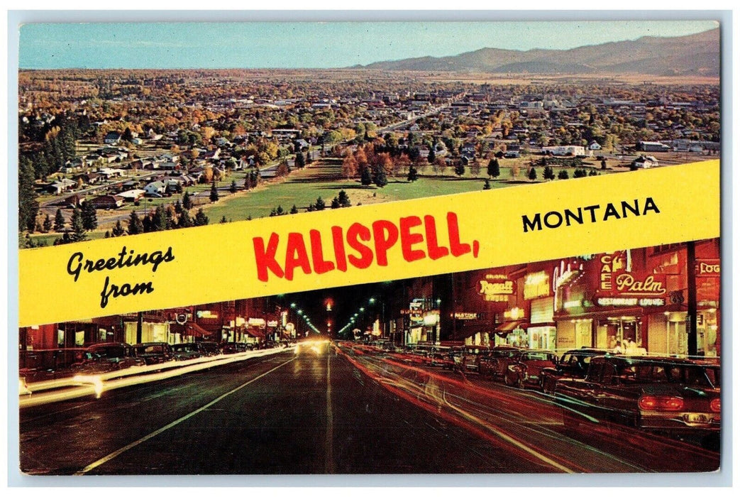 c1960 Gateway City Glacier National Park Night Street Kalispell Montana Postcard