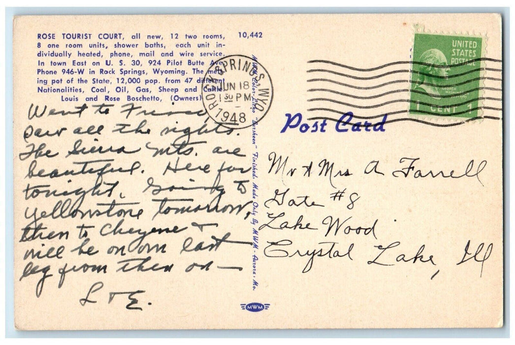 1948 Modern Rose Tourist Court Town Pilot Butte Rock Springs Wyoming WY Postcard