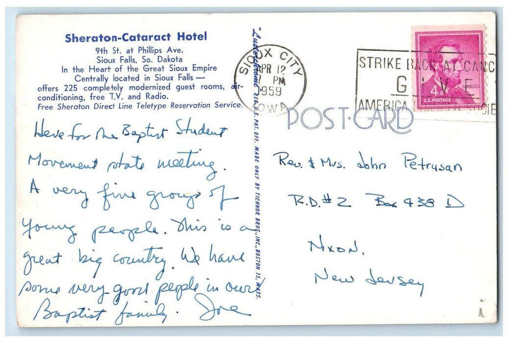1959 Sheraton Cataract Hotel Philips Avenue Sioux Falls South Dakota SD Postcard