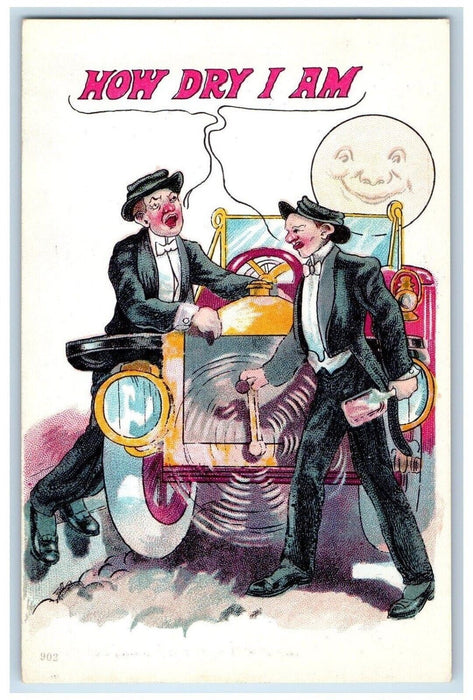 c1910's Anthropomorphic Moon Drunk Ford Model T Car How Dry I Am Postcard
