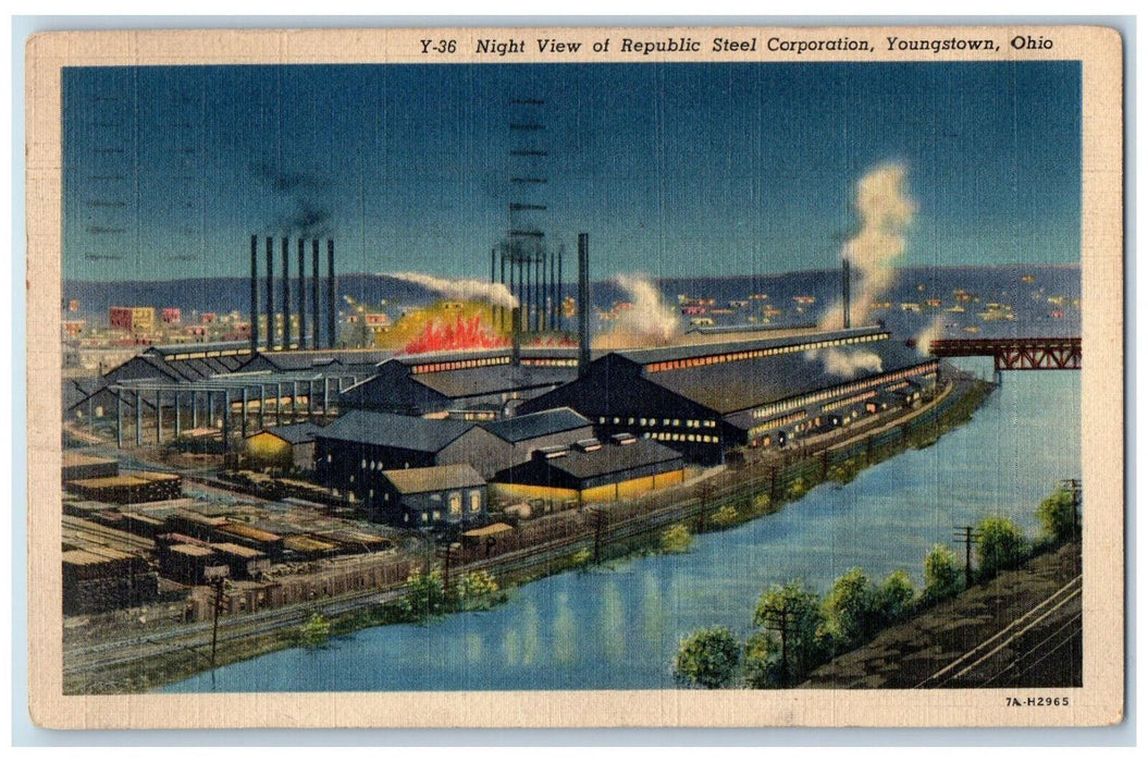 1941 Night View of Republic Steel Corporation Youngstown Ohio OH Postcard