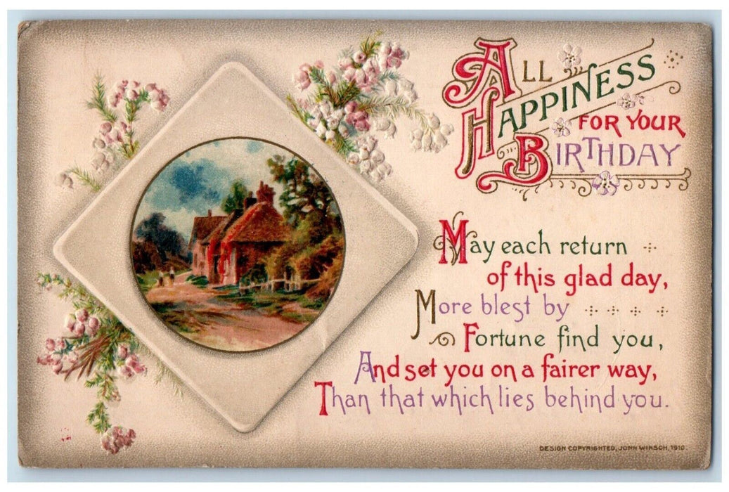 c1910's Birthday Flowers Hut John Winsch Artist Signed Embossed Antique Postcard