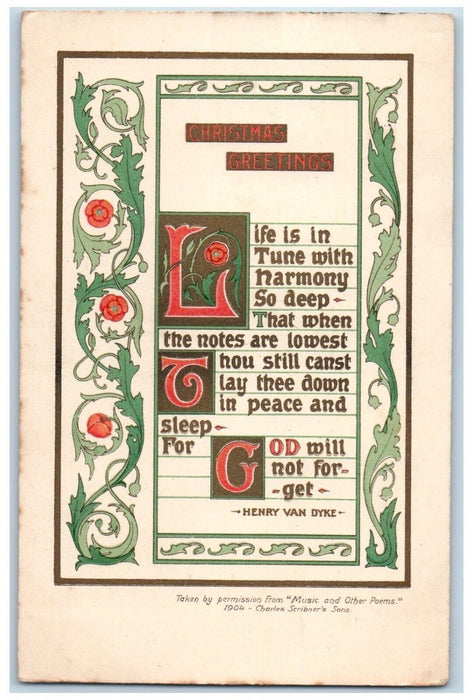 c1910's Christmas Greetings Poem Henry Van Dyke Flowers Arts Crafts Postcard