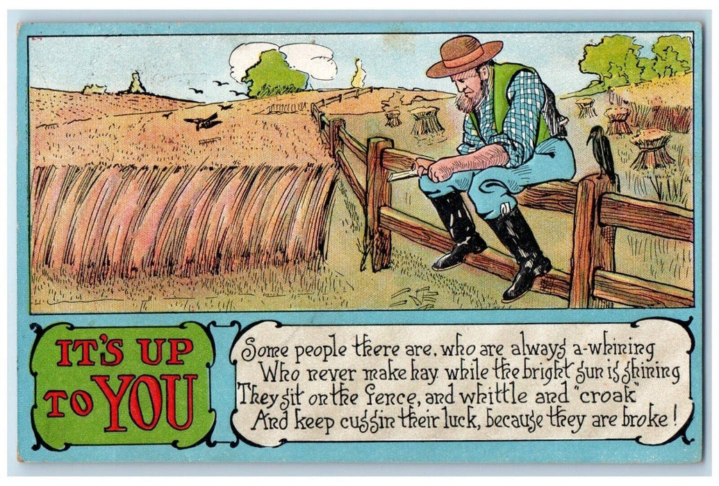 1908 Farmer Its Up To You Motto Sitting Fence Bird Embossed Antique Postcard