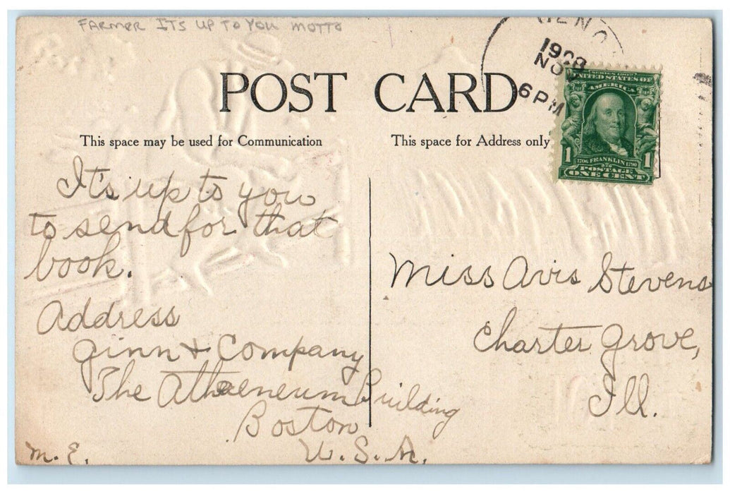 1908 Farmer Its Up To You Motto Sitting Fence Bird Embossed Antique Postcard